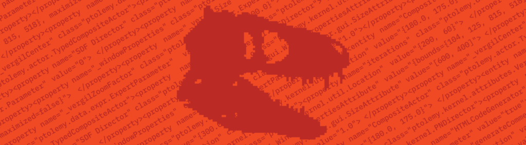 All red illustration of a dinosaur skull over a code.