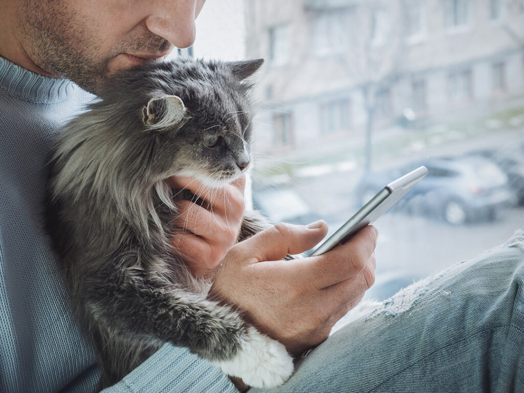 Man holding his cat while looking at his phone