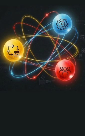 Graphic with multiple orbits demonstrating the moving and interconnected forces of AI implementation