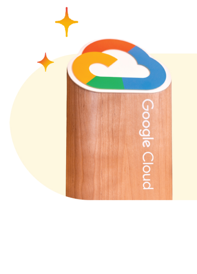 Image of the Google Cloud Partner of the Year Award with two sparkle graphics